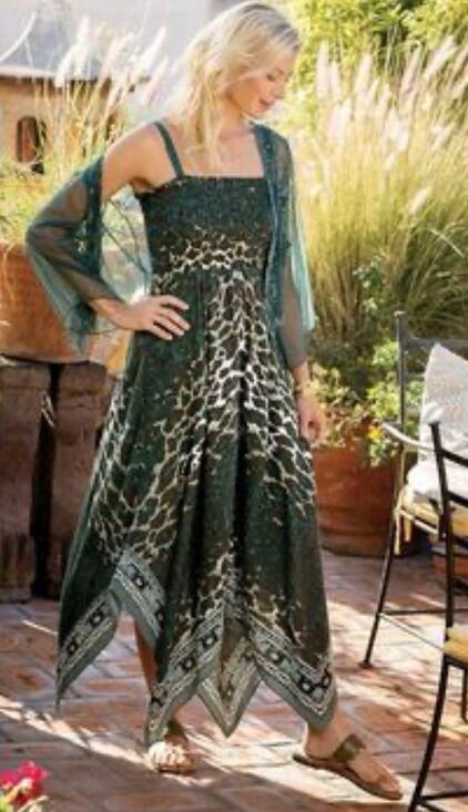 Soft Surroundings Dresses & Skirts - Soft Surroundings TALL Gray Teal Leopard Smocked Cotton Handkerchief Midi Dress